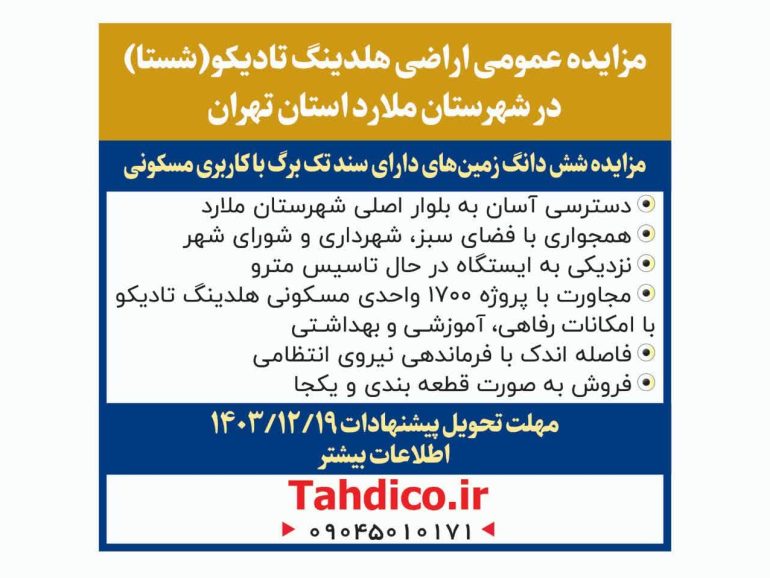 “Public Auction Notice for Tadico Holding’s Lands in Malard County”